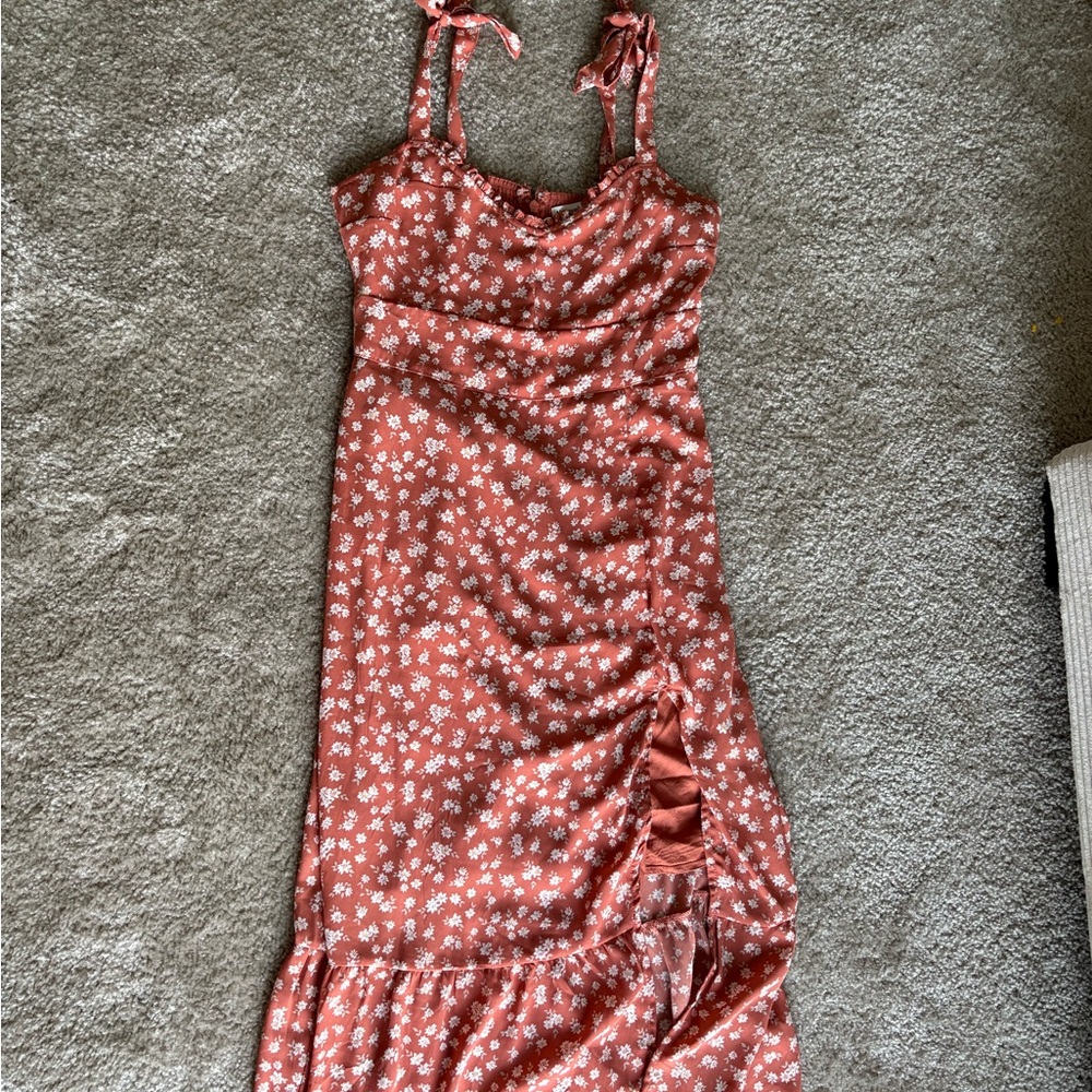 Floral Rust Midi Dress with Tie Straps